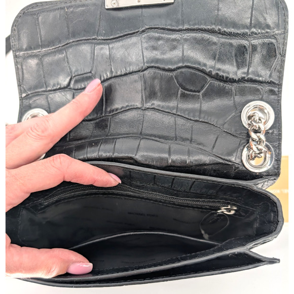 Michael Kors Sloan Editor Black Leather Crocodile Embossed Chain Strap Handbag - Picture 11 of 14